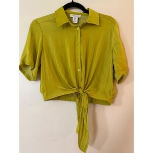 Rachel Zoe Lime Green Tie Front Collared Cropped Shirt Blouse XS